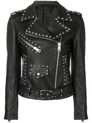 Women Silver Studded Leather Jacket Spiked Silver Color Studs Real Leather Black Leather Jacket #Handmade #Women #Leather #Jacket #Studwork