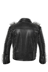 Men SPIKED Studded BLACK Leather Jacket Brando Full Steampunk Rocker Silver Long Spikes
