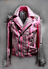 Rosé Havoc Cosmic Boudoir Pink Steampunk Jacket for Women with Long Riveted Spikes, Lapel Brando Cut & Dual-Belt Precision