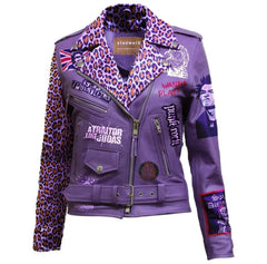 Women’s Purple Silver Studded Leather Jacket | Bold Wobbles Big Printed Patch Cheetah Print Collar & Sleeves Sex Pistols and Dead Kennedys