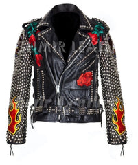 Women Punk Studded Leather, Jacket US Flag Eagle Gothic, Embroidered Patch, Fire Flame Patch Studded Jacket, Punk Rock,. Steam Punk Jacket