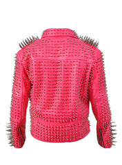 Women's Full Spiked Punk, Silver Long Spike Studded, Pink Brando Clothing, Bikers Outfit Steampunk, Handmade Cowhide Leather Jacket,