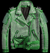 Brando Green Full Silver Studded Biker Jacket | Women’s Genuine Leather Belted Steampunk Style | Punk Gothic Outfit with Heavy Metal Spikes