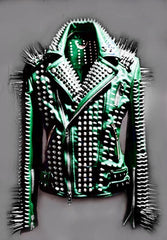 Venom Ivy Women’s Green Steampunk Biker Jacket with Long Spikes, Brando Lapel Cut & Dual Belt Grip