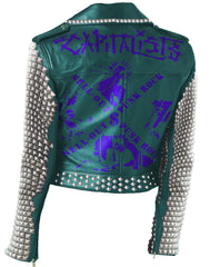Green Punk Rock Biker Jacket – Gothic Clubwear with Cannibal Corpse & Adicts Patches, Studded Steampunk Leather, Custom Women’s Outfit