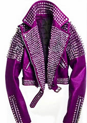 Violet Venom Women’s Gothic Leather Jacket with Studded Cuffs, Spikes & Waist Belt
