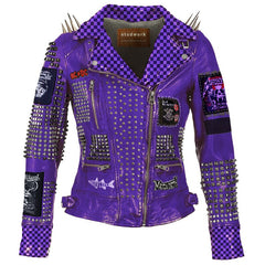Steampunk Spiked Leather, Purple Patchwork Jacket, Customize King Diamond Outfit, Studded Cowhide Clothing Women, Dead Kennedy Fashion,