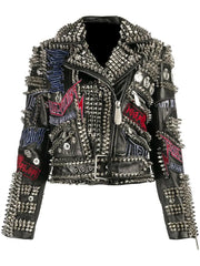 Women's Studded Leather Jacket | Gothic Punk Style | Solid Metal Studs | Customizable Patches | Belted Fashion Jacket for a Unique Look