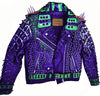 Purple Green Studded Leather Jacket Women Brando Belted Collar Waist Belted Jacket Motorbike, Purple Studs Spikes Genuine Leather Jacket,