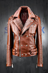 Rust Reign Women’s Brown Steampunk Biker Jacket with Metal Spikes, Rivets & Dual Waist Belt