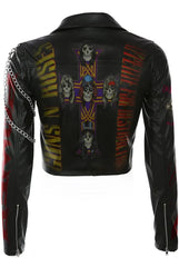 Women’s Punk Rock Leather Jacket – Guns N’ Roses Patches, Silver Chain Detail, Brando Fit with Badges, Custom Handmade Styling