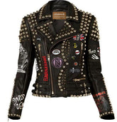 Customize Ladies Gothic Jacket, Iron Maiden Punk's Not Dead, Silver Round Studded Jacket, Women Brando Patches, Leather Misfit Clothing,