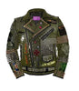 Men Green Crocodile Print Leather Studded Jacket, Heavy Metal Studwork, Queen Patch Fashion, Badges Patches Jacket