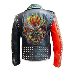 Men Handmade Studded Wear, Burning Skull Punk Fashion, Brando Waist Belted Jacket, Men Outfit Sub Hum Ans Leather, Patches Studded Jacket,