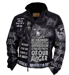 I Am Not Okay Printed Men's Fashion, Black Cowhide Leather Brando Jacket, Cripple Punk Outfit For Men, Customize Biker's Style Punk Rock,