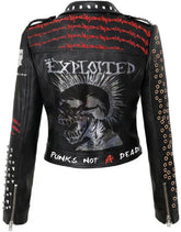 Biker's Gothic Leather Patches Outfit, Women's Misfit Punk Rock Jacket, Personalized Studded The Exploited Wear, Ring Studs Vampira Jacket,