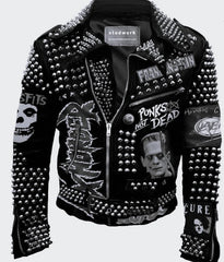 Men's Silver Studded Black Leather Punk Steampunk Hippie Rocket Patch Jacket