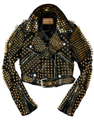 Women's Golden Biker Jacket with Studded Dome & Tree Spikes – Leather Motorcycle Jacket Punk hippie clothing Club wear