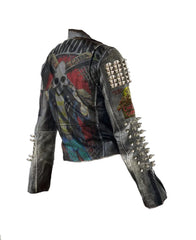 Women’s Punk Rock Jacket – Ramones & Cannibal Corpse Patches, Silver Spiked Gothic Leather, Custom Rock ’n’ Roll Outfit