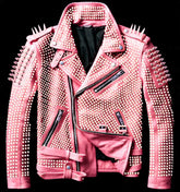Barbed Blush Women’s Pink Leather Jacket Overloaded with Studs, Epaulet Spikes & Bullet Rivet Sleeves in Gothic Steampunk Biker Rage