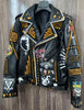 Men's Multicolor Alice Cooper Guns N' Roses Skull & Bones Patches, Studded Chain Leather Jacket, Punk Rocker Style