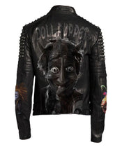 Men’s Punk Leather Jacket – Doll Puppet Patch, Silver Round Studs, Buckled Waist, Custom Slim Gothic Fit