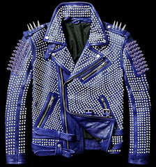 Women's Blue Full Silver Studded, Brando Biker Clothing, Cowhide Leather Belted Jacket, Personalized Steampunk Spiked Studs,