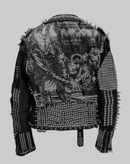 Men’s Punk Leather Jacket – Spiked Studwork, “Punk’s Not Dead” Back Patch, Custom Brando Fit in Black Cowhide