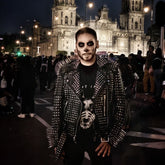 Relentless Black Leather Jacket, Heavy Metal Steampunk Gun Spikes Studs, Brando Collar & Waist Belted