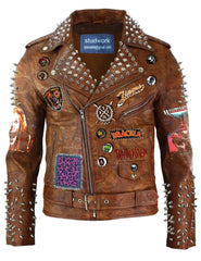Tiger Print Cow Skin Leather, Brando Fashion Brown Clothing, Spikes Badges Jacket, Steampunk Silver Studs, Werewolf Curse Rivets Outfit,