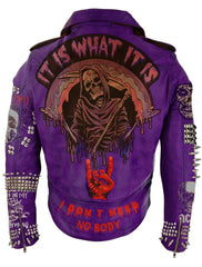 Purple Gothic Punk Jacket – Women’s Studded Leather with Lemmy, Vampira And Misfits Patches, Custom Heavy Metal Moto Fit