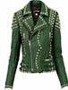 Women’s Green Punk Biker Jacket – Silver Studs, Dual Belted Waist, Brando Lapel Cut with Zipper Detailing & Windproof Party Edge