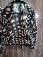 Men’s Gothic Biker Leather Jacket – Brando Style with Long Spikes, Silver Studded Moto Fit, Custom Steampunk Fashion