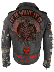 Men’s Gothic Punk Biker Jacket – Black Leather with Spikes, AC/DC & Exploited Patches, Steampunk Studded Brando Fit