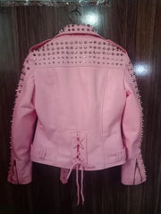 Women’s Punk Leather Jacket – Conical Studs, Waist Belted Brando Fit with Shoulder Epaulettes, Custom Gothic Moto Style