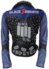 Gothic Punk Rock Biker Jacket – Handmade Studded Clubwear with Black Flag, DEATH & AC/DC Patches, Custom Leather Outfit