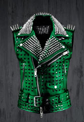 Iron Bloom Women’s Green Leather Vest Studded Collar, Spiked Shoulders & Gothic Punk Steampunk Style