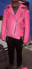 Women's Full Spiked Punk, Silver Long Spike Studded, Pink Brando Clothing, Bikers Outfit Steampunk, Handmade Cowhide Leather Jacket,