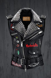 Black Leather Waist Belted Outer Wear, Murderdolls Slipknot Patches, Men Fashion Biker Jacket, Spiked Studded Gothic, Misfit Vest Jacket,