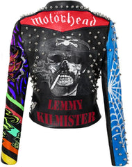 Women’s Multicolor Punk Jacket – Lemmy, Motorhead & SUB HUM ANS Patches, Cone Studded Gothic Leather Moto Fit, Custom Style
