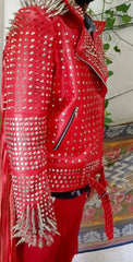 Women Handmade Silver Studded Red Fringed Leather Jacket, Customize Biker's Fashion, WWF Wrestlers Outfit, Brando Personalized Jacket,
