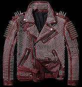 Men Maroon Red Full Silver Studded Brando Biker Cowhide Leather Jacket with Studs and Spikes Biker Belted Jacket