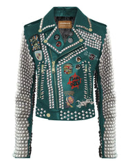 Green Punk Rock Biker Jacket – Gothic Clubwear with Cannibal Corpse & Adicts Patches, Studded Steampunk Leather, Custom Women’s Outfit