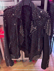 Studded Genuine Leather Jacket Shoulder Epaulettes Punk Men Fashion