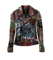 Women’s Gothic Leather Jacket – Snake Print Sleeves, Cannibal Corpse Patch & Bullet Spikes, Custom Punk Moto Fit