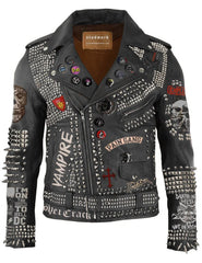 Men’s Gothic Punk Biker Jacket – Black Leather with Spikes, AC/DC & Exploited Patches, Steampunk Studded Brando Fit