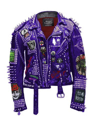 Regal Purple Studded Leather Jacket Heavy Spiked Steampunk Biker Iconic Patches & Custom Design