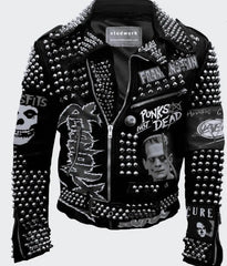 Men's Silver Studded Black Leather Punk Steampunk Hippie Rocket Patch Jacket