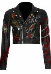 Women’s Punk Rock Leather Jacket – Guns N’ Roses Patches, Silver Chain Detail, Brando Fit with Badges, Custom Handmade Styling