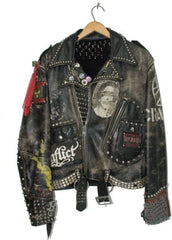 Men's Cone Studded Waist Belted, Biker's Fashion Citizen Fish Leather Jacket, Sex Pistol Misfit Patches, Personalized Gothic Jacket,